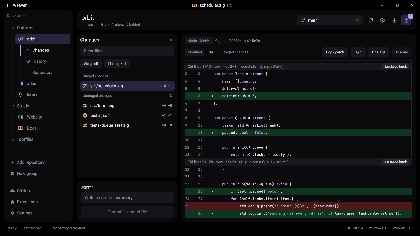 Weaver showing staged and unstaged files next to a syntax-highlighted diff of a Zig source file